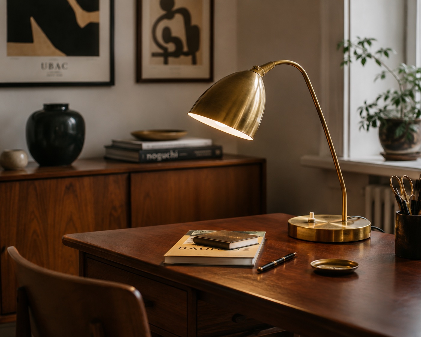 lampada vintage in ottone su scrittoio in legno anni 50