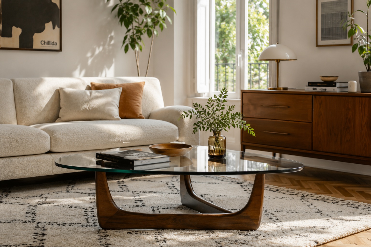 Tavolino modernariato in legno e vetro in salotto luminoso