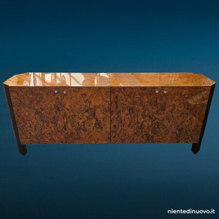 Credenza vintage in radica lucida con colonne laccate nere, anni '70-'80