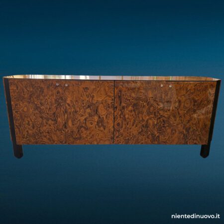 Credenza vintage in radica lucida con colonne laccate nere, anni '70-'80