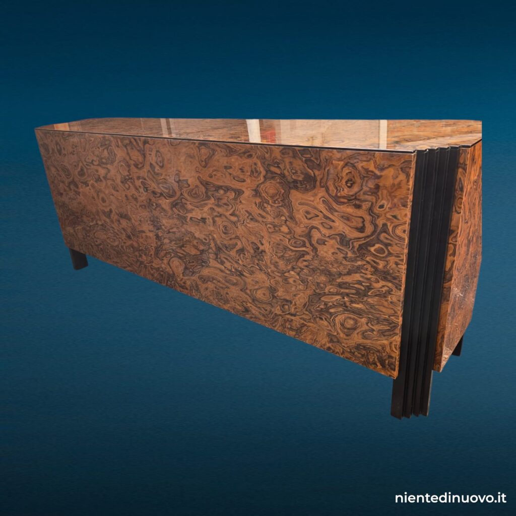 Credenza vintage in radica lucida con colonne laccate nere, anni '70-'80