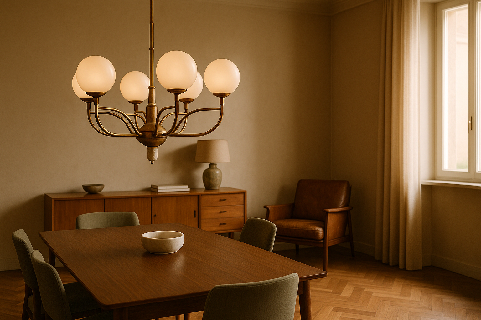 lampadario in ottone e vetro soffiato sospeso su tavolo da pranzo in soggiorno mid century