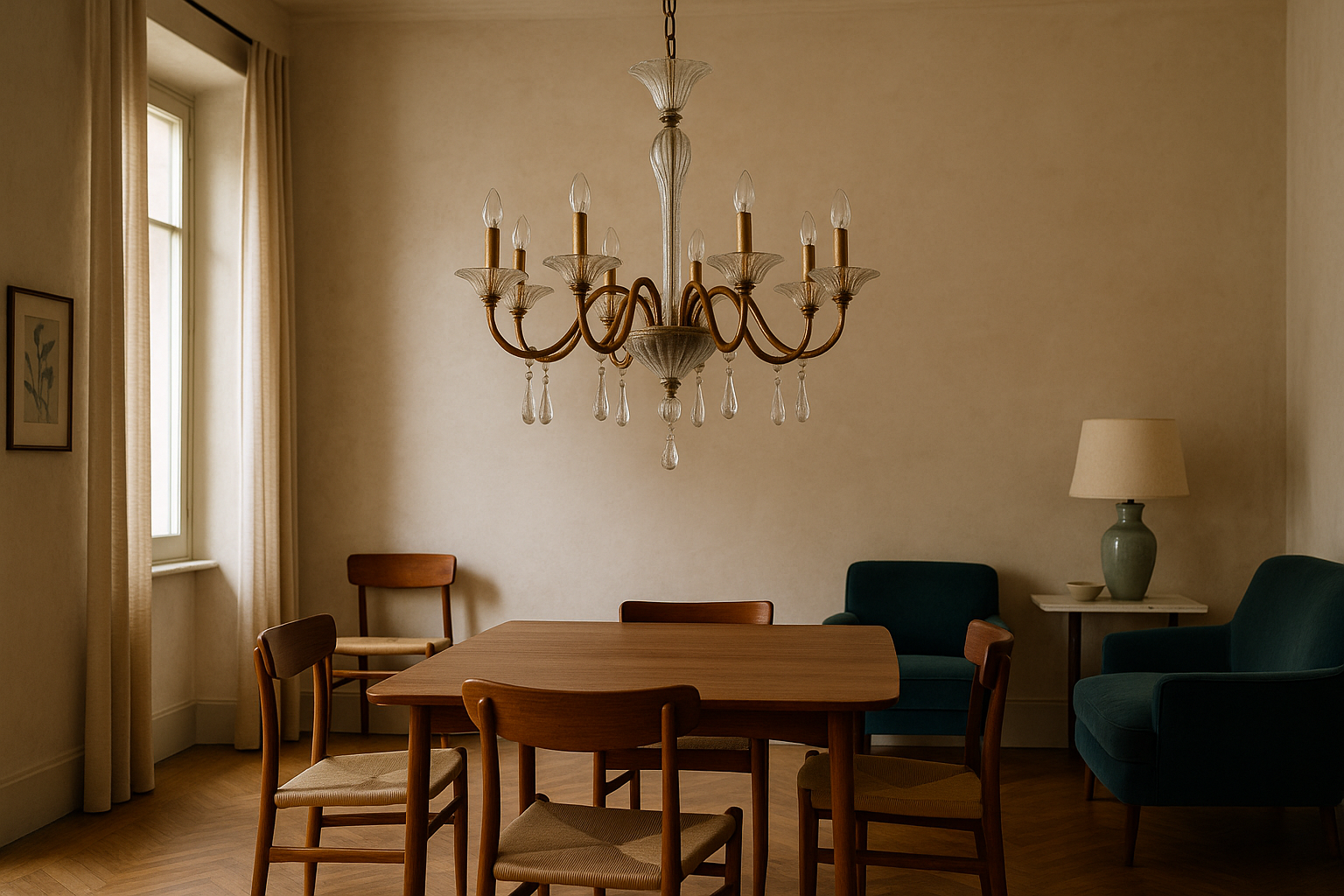 Lampadario vintage in vetro di Murano sospeso su tavolo da pranzo in legno con arredamento d'epoca e luce naturale laterale
