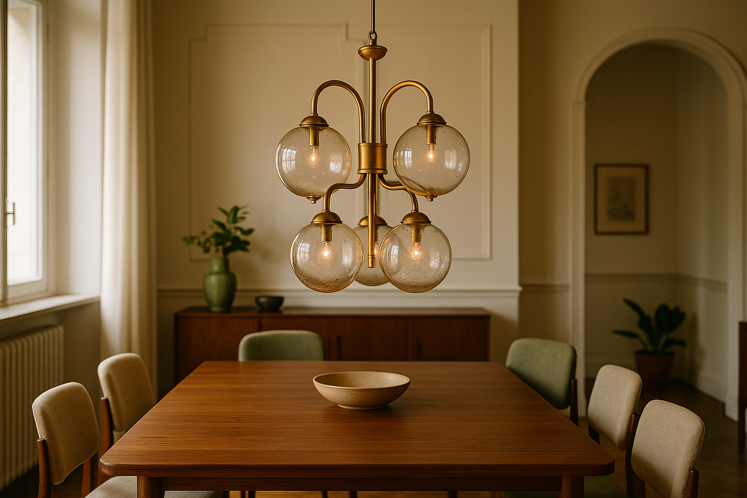 Lampadario vintage in vetro soffiato e ottone sospeso sopra tavolo in legno in interno italiano raffinato
