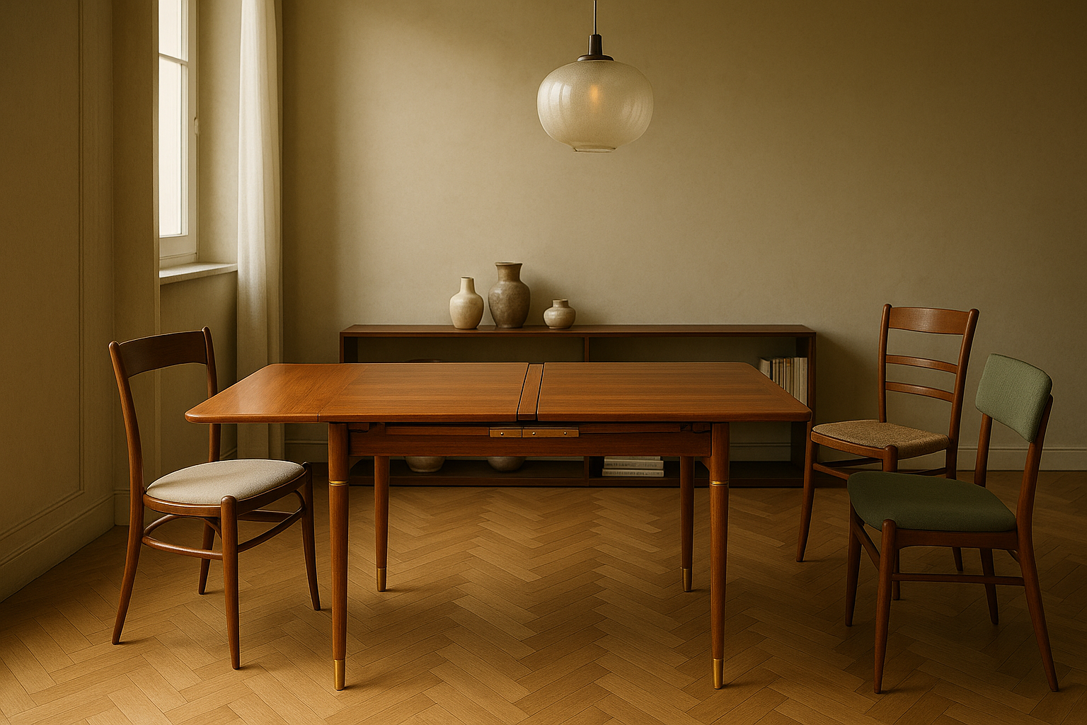 Tavolo allungabile in legno massello parzialmente esteso in un living dallo stile modernariato con sedie d'epoca e luce laterale