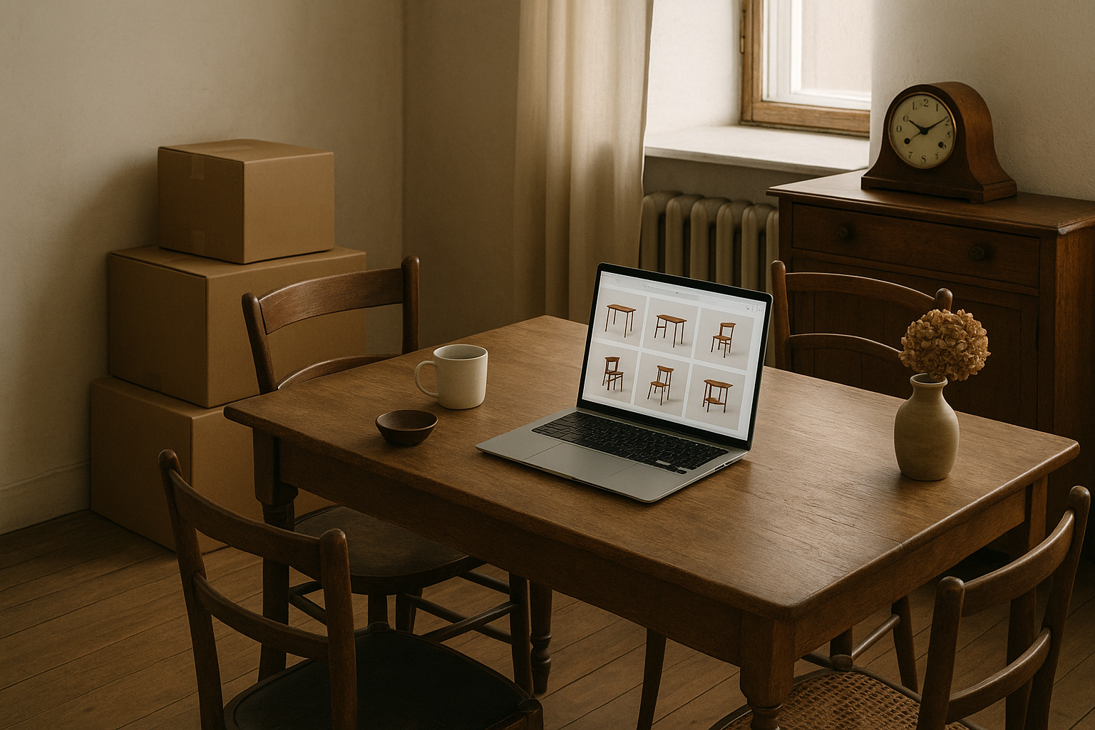 Interno con arredi vintage e catalogo online aperto su laptop
